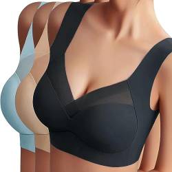 Sfit Damen Soft BH ohne Bügel Zero Feel Bralette Nahtloser BH Schlaf BH Ultra leicht Push-Up BH Gepolstert Bügelloser Bustier für Schlafen Yoga(Schwarz+Hautfarbe+Hellblau,XXL) von Sfit