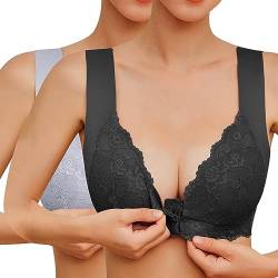 Sfit Damen Soft Spitzen BH ohne Bügel Vorderverschluss Gepolstert Bralette Nahtlose Bustier Push up Weicher Bügelloser Atmungsaktiver Bra Schlafen Yoga(Schwarz+Grau,EU XXL/Tag 3XL) von Sfit