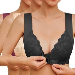 Sfit Damen Soft Spitzen BH ohne Bügel Vorderverschluss Gepolstert Bralette Nahtlose Bustier Push up Weicher Bügelloser Atmungsaktiver Bra Schlafen Yoga(Schwarz+Hautfarbe+Weinrot,EU XL/Tag XXL) von Sfit