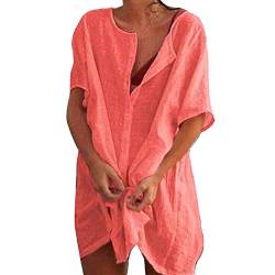 Sfit Damen Strandkleid Bikini Cover Up Kurzarm Beach Strandponcho Pareos Sommerkleid Locker Bademode Strandtunika Vertuschen Shirt für Urlaub(Wassermelonenrot,EU 3XL/Tag 5XL) von Sfit