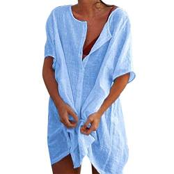 Sfit Damen Strandkleid Bikini Cover Up mit Rund Ausschnitt Knopfleiste Kurzarm Beach Strandponcho Pareos Sommerkleid Locker Bademode Strandtunika Vertuschen Shirt für Urlaub(Blau,EU 3XL/Tag 5XL) von Sfit