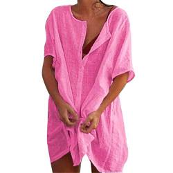 Sfit Damen Strandkleid Bikini Cover Up mit Rund Ausschnitt Knopfleiste Kurzarm Beach Strandponcho Pareos Sommerkleid Locker Bademode Strandtunika Vertuschen Shirt für Urlaub(Rosa,EU L/Tag XXL) von Sfit