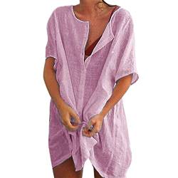 Sfit Damen Strandkleid Bikini Cover Up mit Rund Ausschnitt Knopfleiste Kurzarm Beach Strandponcho Pareos Sommerkleid Locker Bademode Strandtunika Vertuschen Shirt für Urlaub(Violett,EU L/Tag XXL) von Sfit