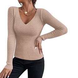 Sfit Damen Strickpullover mit V-Ausschnitt Basic Langarm Strickpulli Stretch Gerippt Pulli Sexy Langarmshirt Slim Fit Sweater Pullover für Herbst Winter (Hellkhaki,One Size) von Sfit