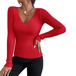 Sfit Damen Strickpullover mit V-Ausschnitt Basic Langarm Strickpulli Stretch Gerippt Pulli Sexy Langarmshirt Slim Fit Sweater Pullover für Herbst Winter (Rot,One Size) von Sfit