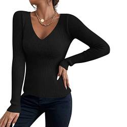 Sfit Damen Strickpullover mit V-Ausschnitt Basic Langarm Strickpulli Stretch Gerippt Pulli Sexy Langarmshirt Slim Fit Sweater Pullover für Herbst Winter (Schwarz,One Size) von Sfit