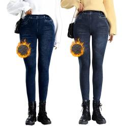 Sfit Damen Thermo Jeggings Treggings Große Größen Jeansoptik Leggings mit Gefütterte Thermoleggins High Waist Stretch Skinny Jeanshosen Strumphose Lange Tights(J01 Blau+S01 Schwarz,L) von Sfit