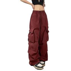 Sfit Fallschirmhosen Y2k Cargohose Damen Baggy Track Pants Teenager Mädchen Elastische Taille Weite Bein Jogginghose Lose 90er E-Girl Streetwear Parachute Pants(Dunkelrot,XXL) von Sfit