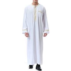Sfit Muslim Kleidung Herren Arab Robe Kaftan Lang Arabisch Islamisch Dubai Gewand O-Ausschnitt Lange Ärmel Lose Gebetskleidung mit Taschen Zip(Weiß,L) von Sfit
