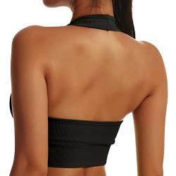 Sfit Sport BH Damen Neckholder Gepolstert Rückenfrei BH Ohne Bügel Push up Backless Sport Bra Nahtloser Longline Bustier Crop Top für Yoga Fitness(1pc-Schwarz,L) von Sfit