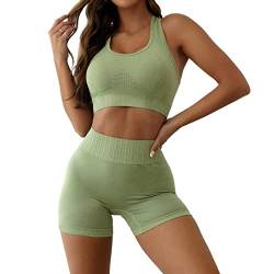 Sfit Sport Set Damen Kurz Gym Outfit Set 2 Teilig Racerback Sport BH + Scrunch Shorts Sport Outfit Fitness Set Sommer 2 Teiliges Workout Set Fitness Bekleidung(Grün,L) von Sfit