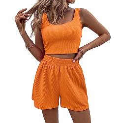 Sfit Zweiteiler Damen Sport Outfit Shorts und Top Sets 2 Teilig Sommer Anzug Spaghettiträger Bauchfrei Tops Camisole Crop Tank Tops Kurze Hose Kombi 2-Teiler Home Set Sommerkleidung,Orange,L von Sfit