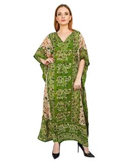 Shah Crafts. Damen Kaftan Kleid Tunika Kimono Lang Maxi Oversized Freizeitkleid Loungewear Nachthemd Bikini Strand Cover Up Caftans Einheitsgröße Grün von Shah Crafts.