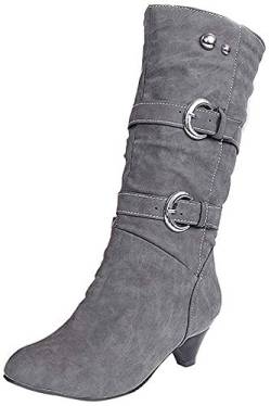 ShallGood Damen Elegant Stiefel Winterstiefel Mittlerer Absatz mit Schnalle Blockabsatz Schuhe Schenkelhoch Outdoor Stiefel Grau EU 39 von ShallGood