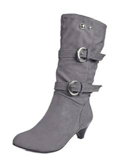 ShallGood Damen Elegant Stiefel Winterstiefel Mittlerer Absatz mit Schnalle Blockabsatz Schuhe Schenkelhoch Outdoor Stiefel Z1 Grau 36 EU von ShallGood