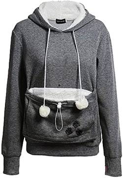 ShallGood Damen Kapuzenpullover Sweatshirt Herbst und Winter Long Sleeve Hoodie Pullover mit Katze/Hund Tasche A Grau DE 36 von ShallGood