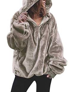 ShallGood Damen Winter Warm Plüsch Teddy-Fleece Mantel Outwear Cardigan Langarm Casual Kapuzenjacke Baggy Parka Trench Coat mit Taschen Hellbraun DE 46 von ShallGood