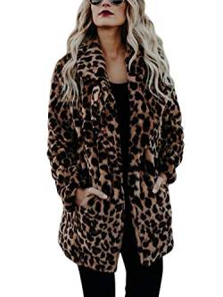 ShallGood Frauen Herbst Winter Leopardenprint Trenchcoat Wollmantel Damen Jacke Langarm Leopard Print Pullover Fleecejacke Sweatjacke Casual Parka Lange Mantel Braun DE 48 von ShallGood