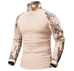 ShallGood Herren Hemden Kampfsport Militär Airsoft BDU Shirt Camouflage Uniform Taktik Schnell trocknend mit Taschen Ellbogenschützer Langarm Hemd Multicam Gr. Large, A Khaki von ShallGood