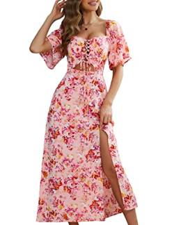 Damen-Sommerkleid mit Blumenmuster, 2024, lässiges Boho-Kleid, kurze Ärmel, A-Linie, quadratischer Ausschnitt, Schnürung vorne, Ausschnitt, Pink-b, XX-Large von Shallmu