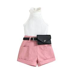 Baby Kleidung Mädchen Sommer Set 2pcs Outfit Ärmellos Rundhals Grubenstreifen Shirt + Shorts mit Taschen Bekleidungsset (rosa, 2-3 Jahre) von ShangSRS