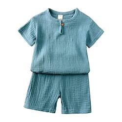Baby Kleidung Sommer Set Baby Jungen Mädchen Kleidung 2 PCS Outfit Einfarbige Kurzarm Leinen Shirt Top + Einfarbige Shorts Baby Set Neugeborene Kleidung (blau-1, 4-5 Jahre) von ShangSRS