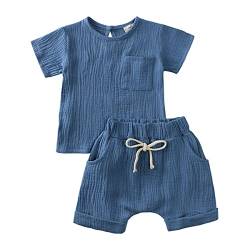 Baby Kleidung Sommer Set Baby Jungen Mädchen Kleidung 2 PCS Outfit Einfarbige Kurzarm Leinen Shirt Top + Einfarbige Shorts Baby Set Neugeborene Kleidung (blau-2, 2-3 Jahre) von ShangSRS