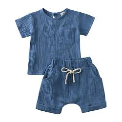 Baby Kleidung Sommer Set Baby Jungen Mädchen Kleidung 2 PCS Outfit Einfarbige Kurzarm Leinen Shirt Top + Einfarbige Shorts Baby Set Neugeborene Kleidung (blau-2, 9-12 Monate) von ShangSRS