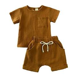 Baby Kleidung Sommer Set Baby Jungen Mädchen Kleidung 2 PCS Outfit Einfarbige Kurzarm Leinen Shirt Top + Einfarbige Shorts Baby Set Neugeborene Kleidung (braun-2, 9-12 Monate) von ShangSRS