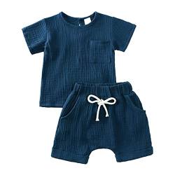 Baby Kleidung Sommer Set Baby Jungen Mädchen Kleidung 2 PCS Outfit Einfarbige Kurzarm Leinen Shirt Top + Einfarbige Shorts Baby Set Neugeborene Kleidung (dunkelblau-2, 6-9 Monate) von ShangSRS