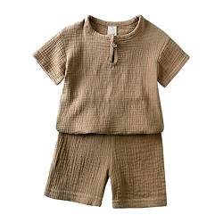 Baby Kleidung Sommer Set Baby Jungen Mädchen Kleidung 2 PCS Outfit Einfarbige Kurzarm Leinen Shirt Top + Einfarbige Shorts Baby Set Neugeborene Kleidung (khaki-1, 12-24 Monate) von ShangSRS