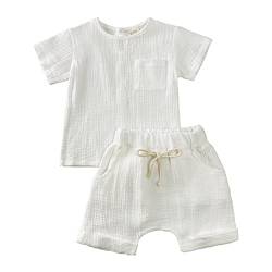 Baby Kleidung Sommer Set Baby Jungen Mädchen Kleidung 2 PCS Outfit Einfarbige Kurzarm Leinen Shirt Top + Einfarbige Shorts Baby Set Neugeborene Kleidung (weiß-2, 9-12 Monate) von ShangSRS