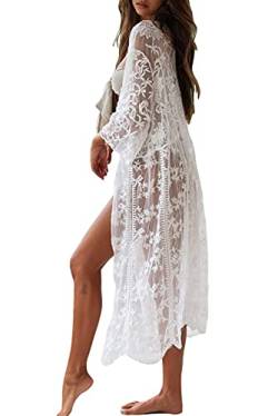 Damen Crochet Kimono Cardigan Bikini Cover Up, Vorzüglich Spitzen Strandpocho Kaftan Strandkleid,Boho Beachwear Kleid für Urlaub Strand von ShangSRS