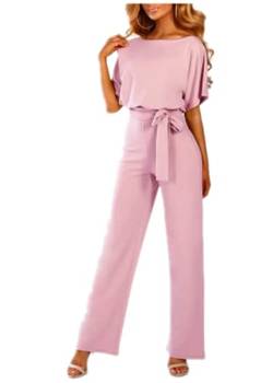 Damen Kurzarm-Overall mit Schnürung O-Ausschnitt Elegant Lang Jumpsuit Overall Hosenanzug Playsuit Romper (Rosa, XL) von ShangSRS