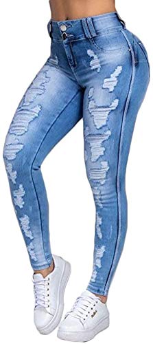 Damen Skinny Stretch Jeans mit Risse Destroyed Look High Waist Jeanshose Röhrenjeans Skinny Slim Fit Stretch Boyfriend Jeans (Blau, 2XL) von ShangSRS