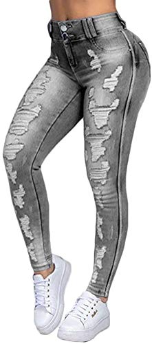 Damen Skinny Stretch Jeans mit Risse Destroyed Look High Waist Jeanshose Röhrenjeans Skinny Slim Fit Stretch Boyfriend Jeans (Grau, XL) von ShangSRS