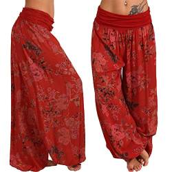 Haremshose Damen Pumphose Weite Bein Hosen mit Blumenmuster Sommer Beiläufig Yogahosen Loose Hippie Pluderhose Baumwolle Harem Hosen (Rot, 3XL, 3X_l) von ShangSRS