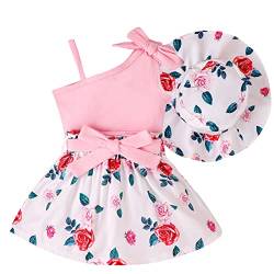 ShangSRS Baby Kleidung Mädchen Set 3 Stück Suspenders Ärmellos Bogen Einfarbig Top +Floral Rock+Floral Kappe Sommer Bekleidungssets (Rosa, 2-3 Jahre) von ShangSRS