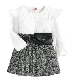 ShangSRS Baby Kleidung Mädchen Set Rüschen Rundhals Grubenstreifen Langarm Sweatshirt +Kleiner Karierter Rock Kleidung Outfit (Weiß+Grau, 4-5 Jahre) von ShangSRS