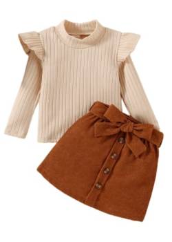 ShangSRS Baby Mädchen Kleidung Set 2 Stück Baby Outfit Rüschen Rundhals Grubenstreifen Langarm T Shirt +Schleifenrock aus Cord (Aprikose+braun, 9-12 Monate) von ShangSRS