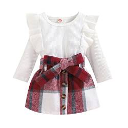 ShangSRS Babykleidung Set Baby Mädchen Kleidung Outfit 2 Stück Rüschen/Flying Sleeve Rundhalsausschnitt Langarm Top +Klassische Karierte Rock Frühling Herbst Bekleidungssets (Weiß+rot, 12-18 Monate) von ShangSRS