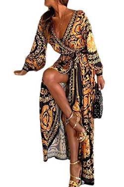 ShangSRS Damen Boho Kleid Lange ärmel Strand Wickel Kimono V Ausschnitt Maxi Kleider (S) von ShangSRS