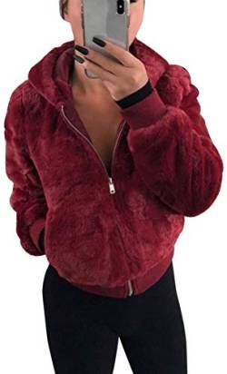 ShangSRS Damen Kapuzenjacke Kurzmantel Teddy-Fleece Mantel mit Kapuzen Reißverschluss Plüschjacke Fleecejacke Winterjacke übergangsjacke Teddyjacke Pelzmantel Kurze Coat (Weinrot, XL) von ShangSRS