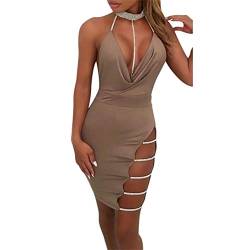 ShangSRS Damen Tiefem V-Ausschnitt Neckholder Rückenfrei Choker Schlitz Pailletten Bodycon Minikleid Club (Khaki, XL) von ShangSRS