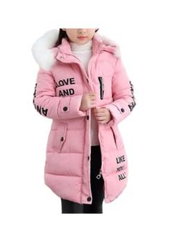 ShangSRS Mantel Mädchen mit Fellkapuze Lang Wattierte Jacke mit Buchstaben, Winterjacke Girl mit Pelzmütze Oberbekleidung Kinderjacke (Pink, 130) von ShangSRS