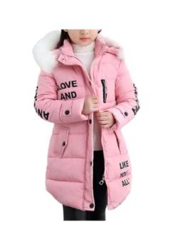 ShangSRS Mantel Mädchen mit Fellkapuze Lang Wattierte Jacke mit Buchstaben, Winterjacke Girl mit Pelzmütze Oberbekleidung Kinderjacke (Pink, 140) von ShangSRS