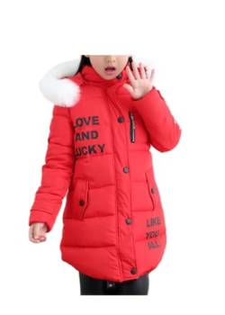 ShangSRS Mantel Mädchen mit Fellkapuze Lang Wattierte Jacke mit Buchstaben, Winterjacke Girl mit Pelzmütze Oberbekleidung Kinderjacke (Rot, 140) von ShangSRS