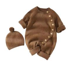 ShangSRS Unisex Baby Strampler Kleidung Langarm Gestrickt mit Kapuze Overall Knopf Einfarbig Wärmer Herbst Winter Body Jumpsuit (6-9 Monate, braun-1) von ShangSRS