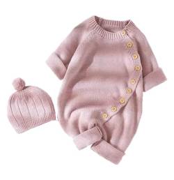 ShangSRS Unisex Baby Strampler Kleidung Langarm Gestrickt mit Kapuze Overall Knopf Einfarbig Wärmer Herbst Winter Body Jumpsuit (9-12 Monate, rosa-1) von ShangSRS