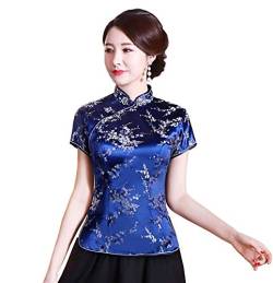 Shanghai Story Chinesische Cheongsam-Hemd, kurzärmelig, China-Bluse für Frauen, Blume/Blau, X-Groß von Shanghai Story